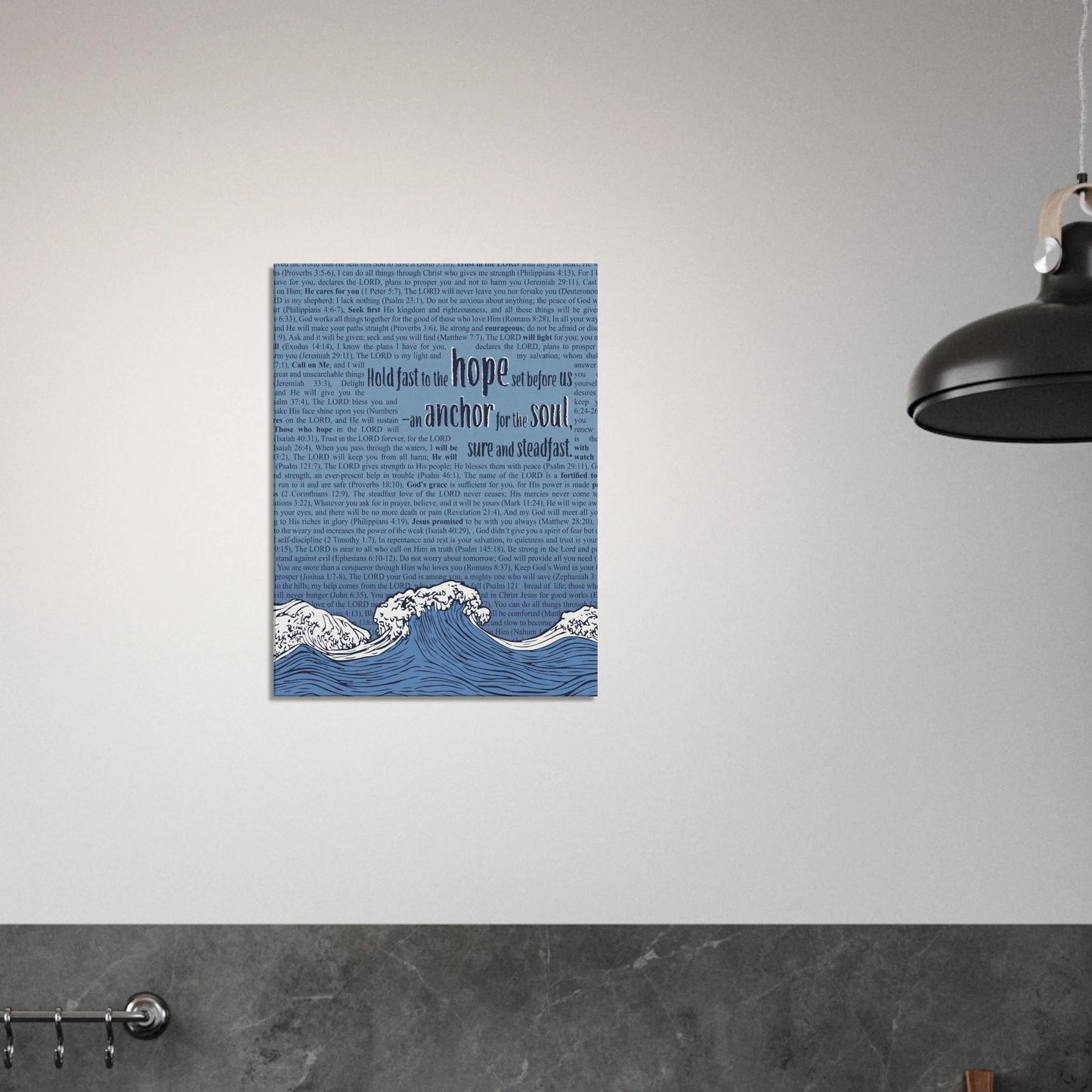 anchor for the soul hebrews 6 19 christian wall art in blue with wave illustration displayed in a black and white minimalist kitchen