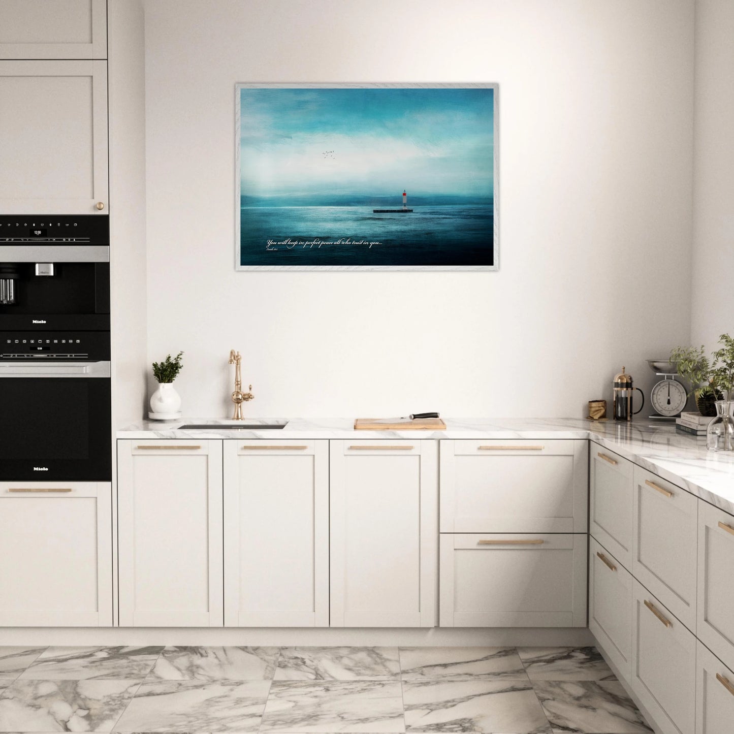turquoise seascape lighthouse bible verse artwork hanging in bright kitchen space