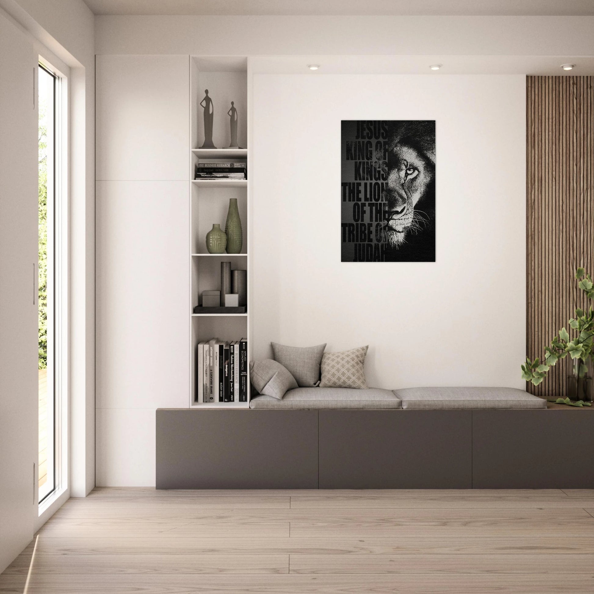 Black and white Lion of Judah Christian wall art featuring a powerful lion portrait with the words Jesus King of Kings Lion of the Tribe of Judah displayed in a modern minimalist living room