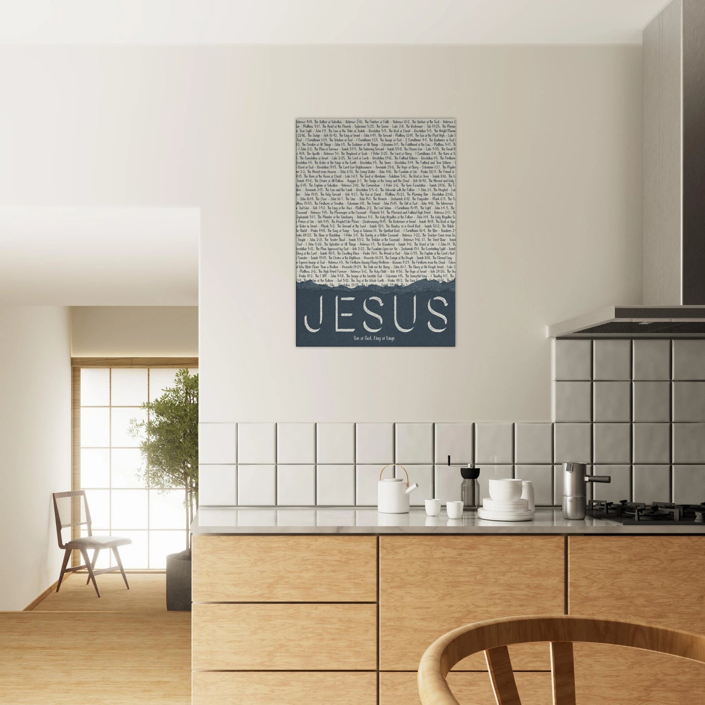 Modern kitchen with a 'Jesus' poster on the wall