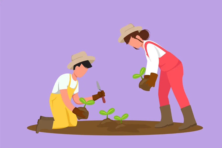 Illustration of two people planting trees on a purple background