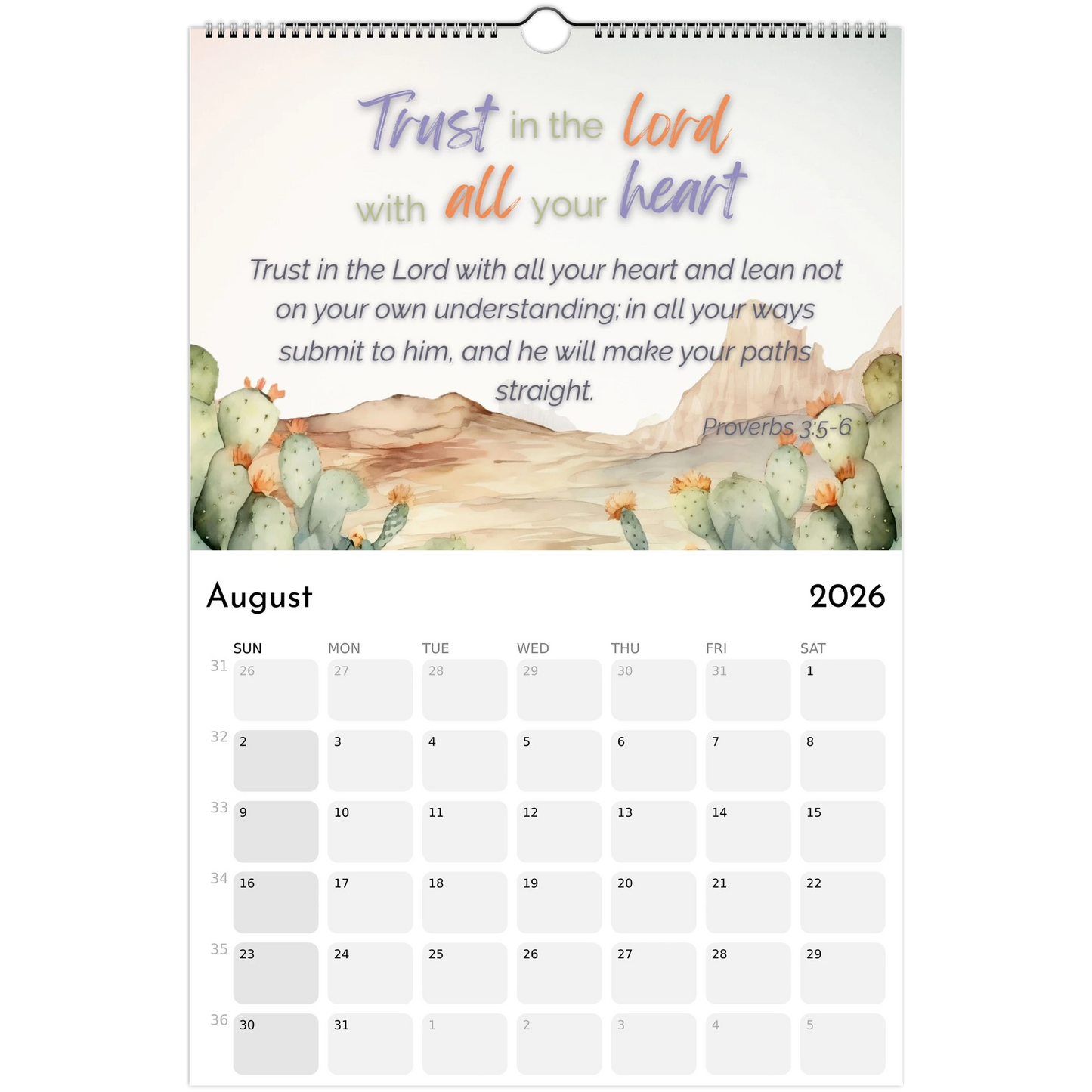 Calendar for August 2026 with cactus illustration and motivational quote