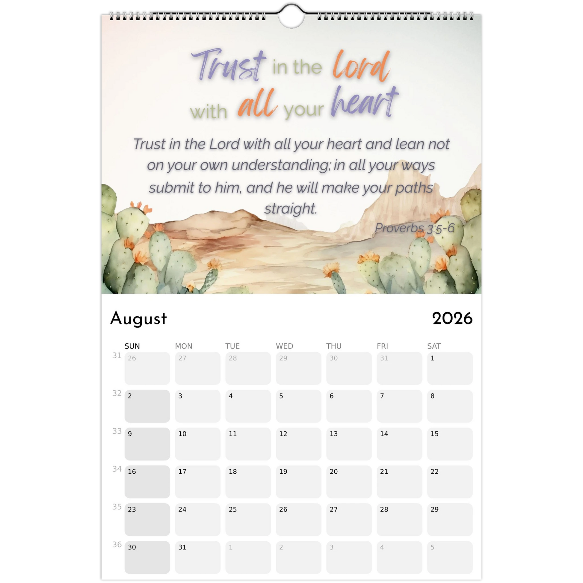 Calendar for August 2026 with cactus illustration and motivational quote