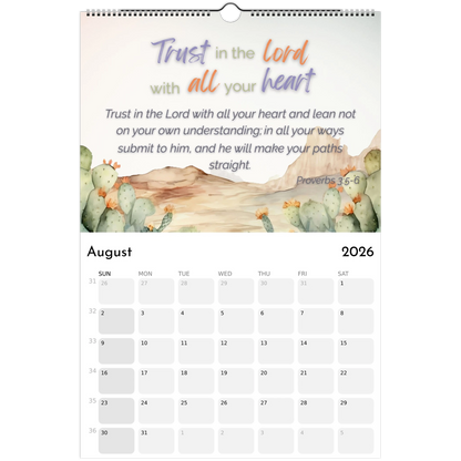 Calendar for August 2026 with cactus illustration and motivational quote
