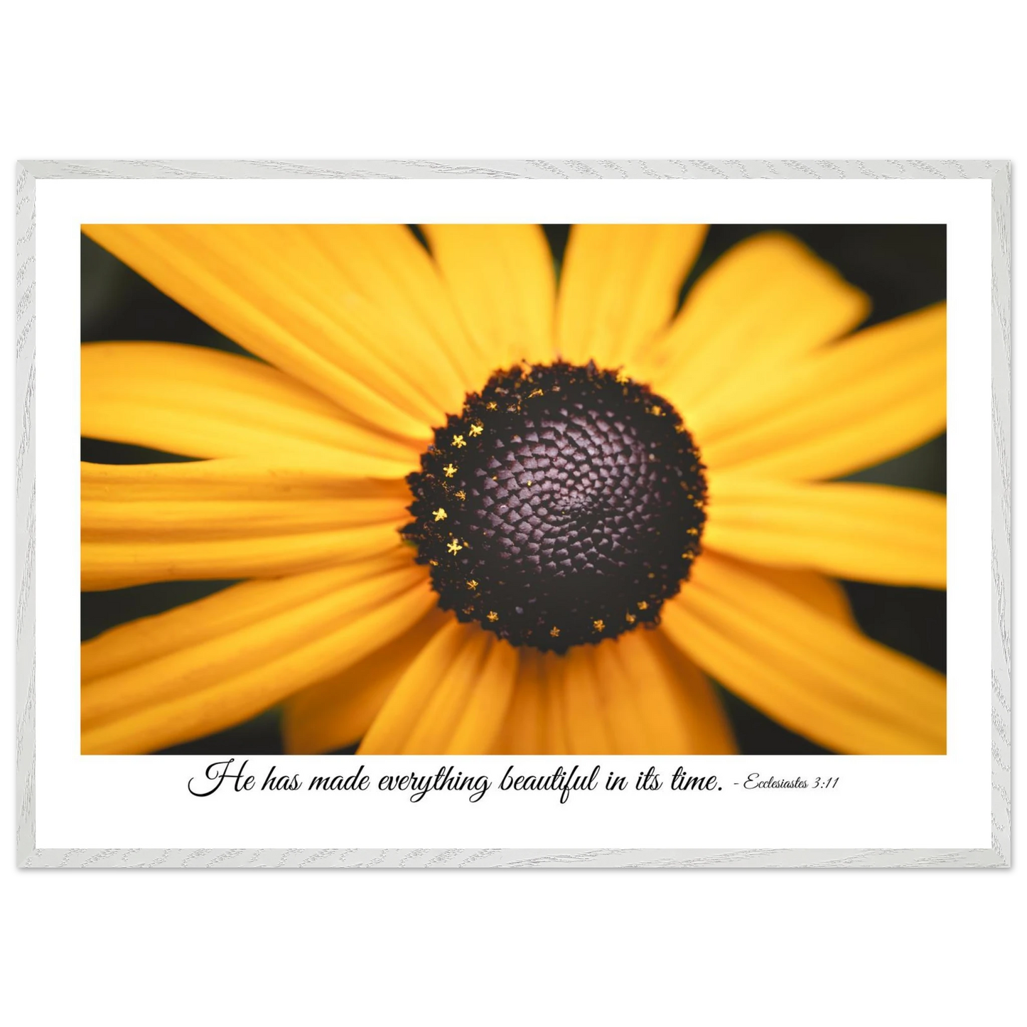 A framed art print of a close-up yellow flower with a quote from Ecclesiastes 3:11, 'He has made everything beautiful in its time.'.