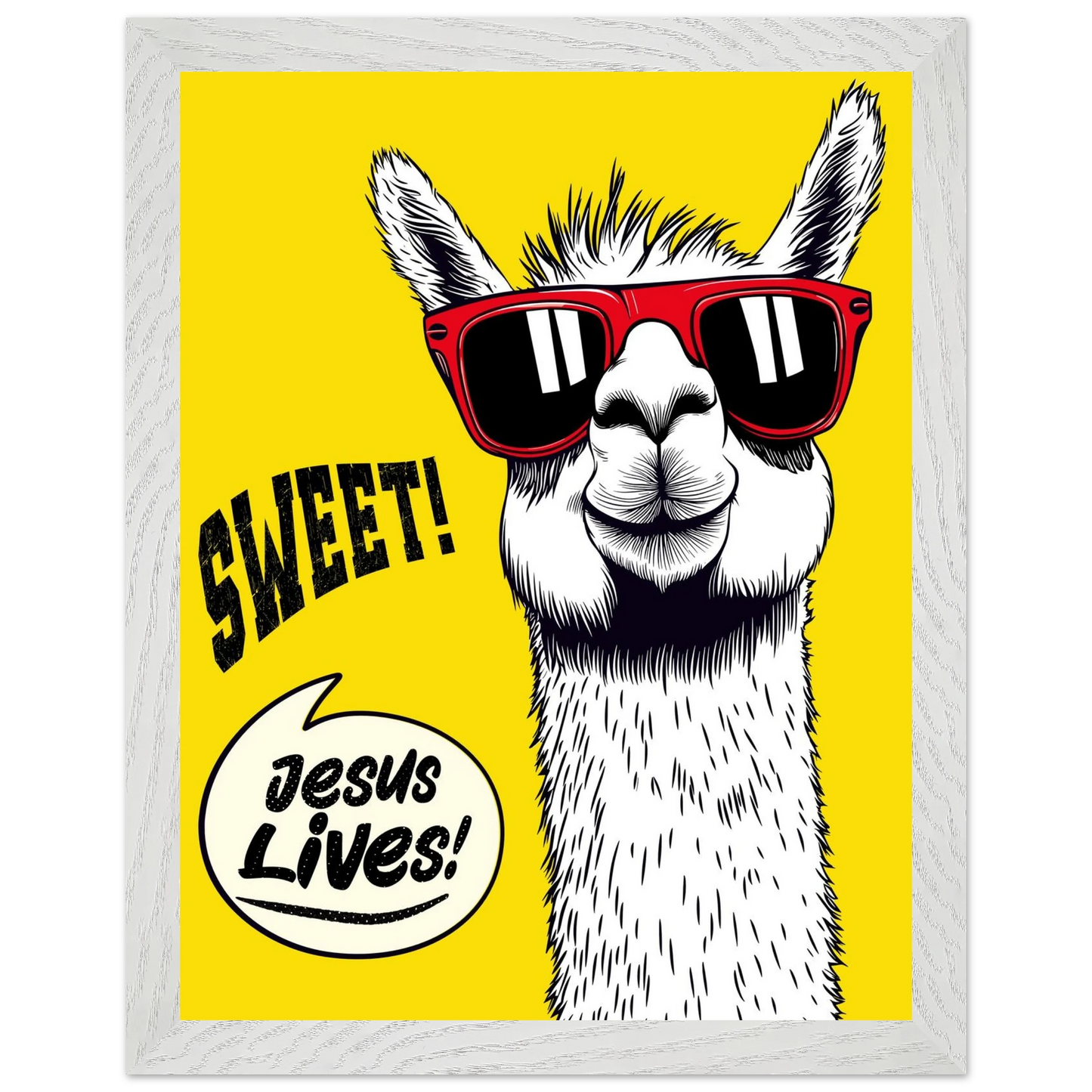 Playful Christian wall art illustration of a white llama wearing red sunglasses on a bright yellow background, with the words SWEET! and Jesus Lives in a speech bubble, framed in grey.