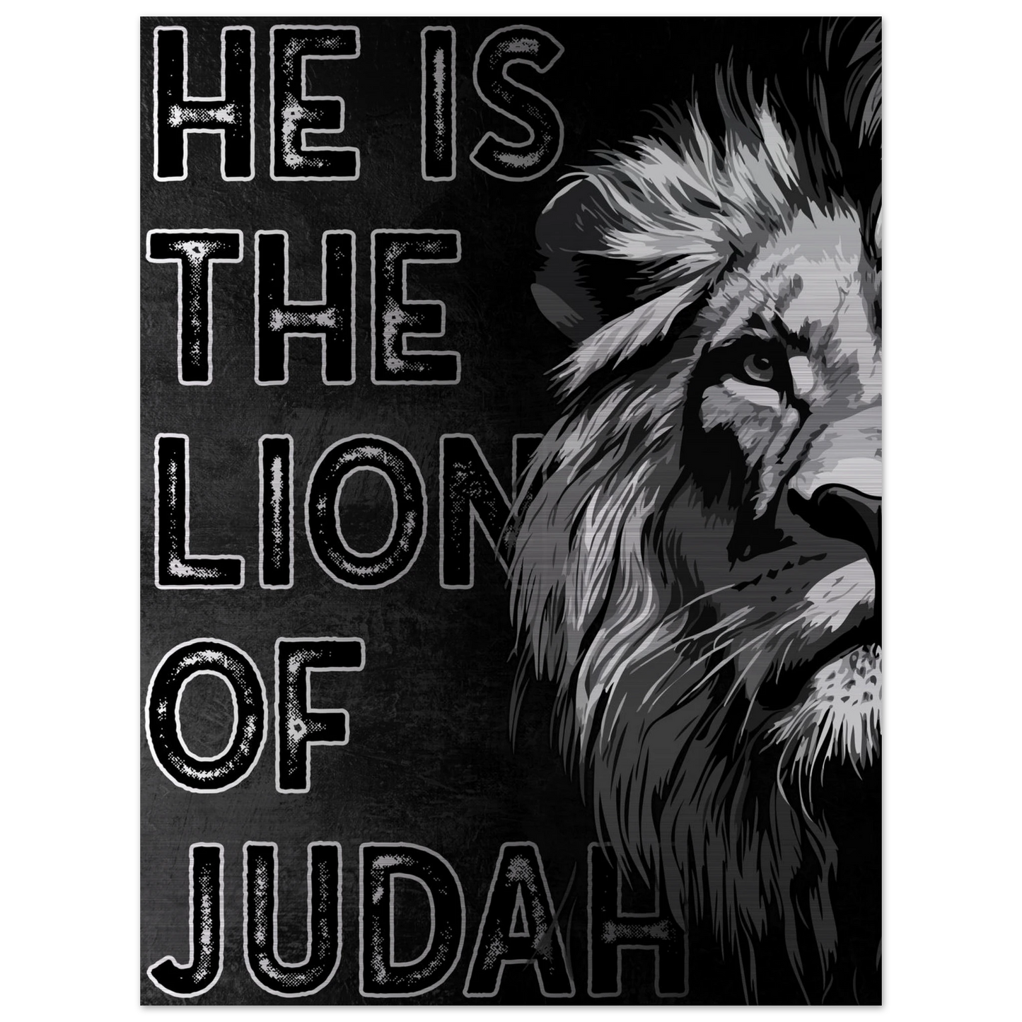 Jesus the Lion of Judah artwork featuring a bold black and white illustrated lion on the right side and distressed block lettering on a dark textured background.
