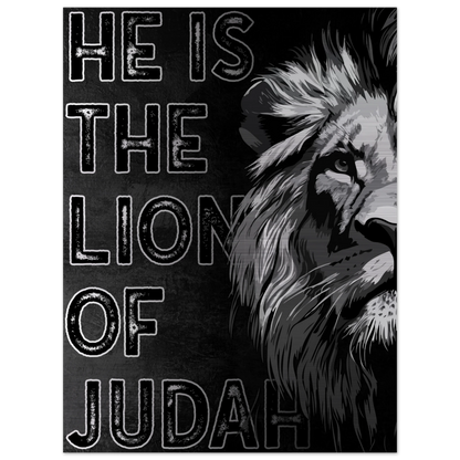 Jesus the Lion of Judah artwork featuring a bold black and white illustrated lion on the right side and distressed block lettering on a dark textured background.