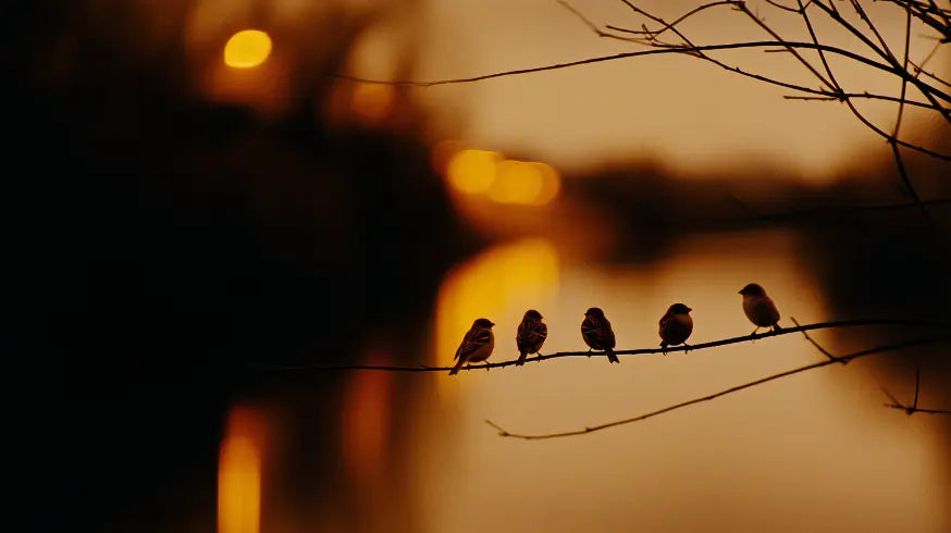 Silhouettes of birds on a wire against an orange sunset sky.