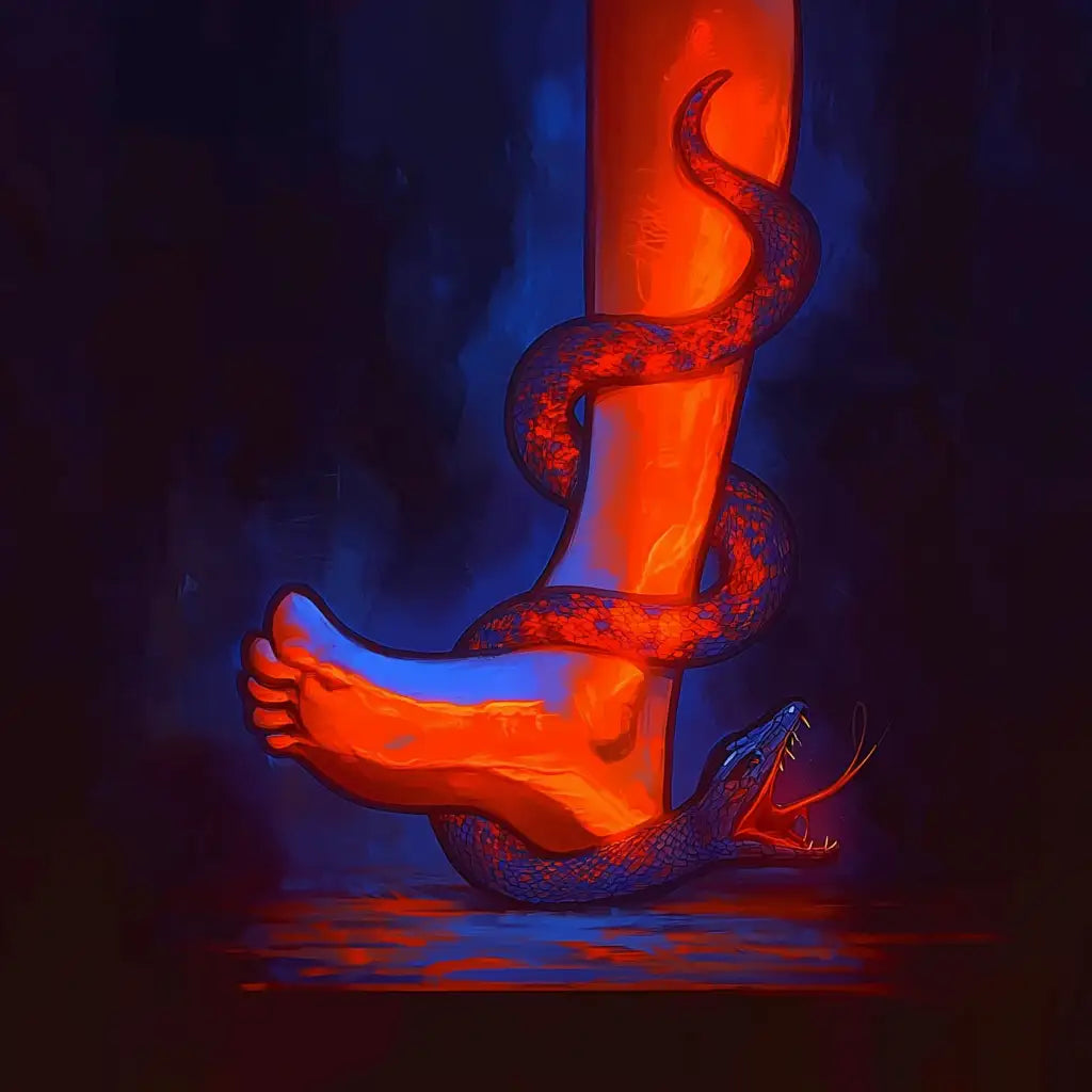 Artistic depiction of a foot with a snake coiled around it against a dark background