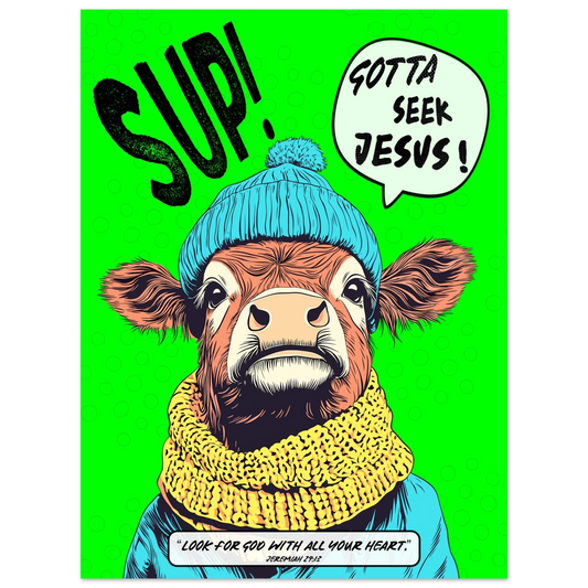 Gotta Seek Jesus Highland Cow Jeremiah 29:13 Christian printable wall art featuring a playful cow and a bold seek Jesus message.