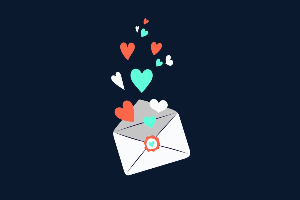 Blue envelope with pink heart and scattered blue paper hearts on pink background.