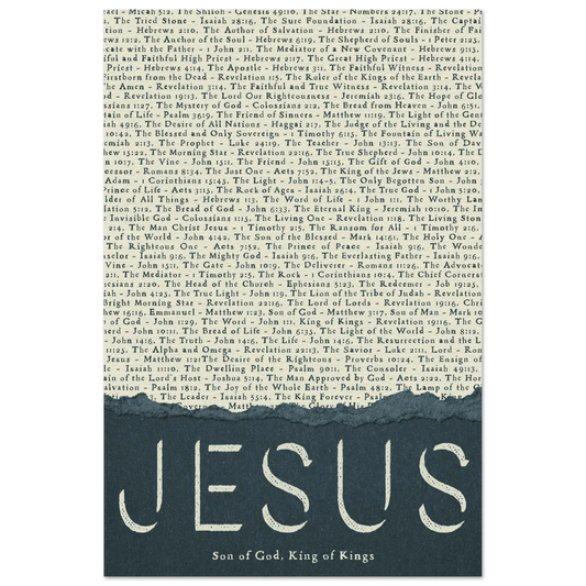 Jesus Son of God King of Kings Christian printable wall art featuring bold JESUS typography surrounded by biblical names and titles of Christ.