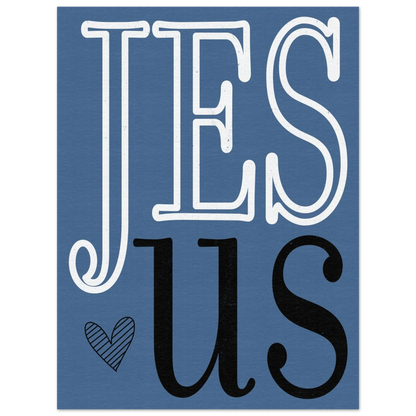 JESUS loves us Christian printable wall art featuring bold typography, a small heart, and soft textured colorways.