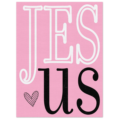 JESUS loves us Christian printable wall art featuring bold typography, a small heart, and soft textured colorways.