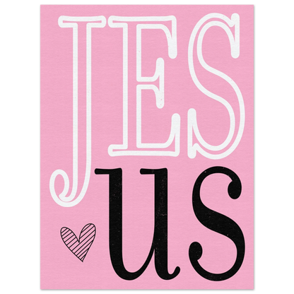 JESUS loves us Christian printable wall art featuring bold typography, a small heart, and soft textured colorways.