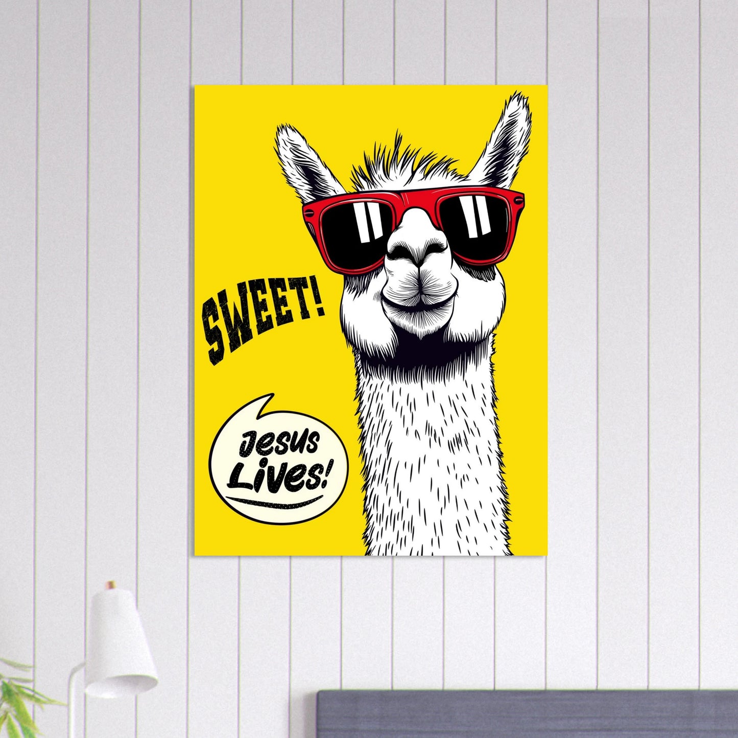 Vibrant yellow llama Christian art print displayed in a styled interior mockup.