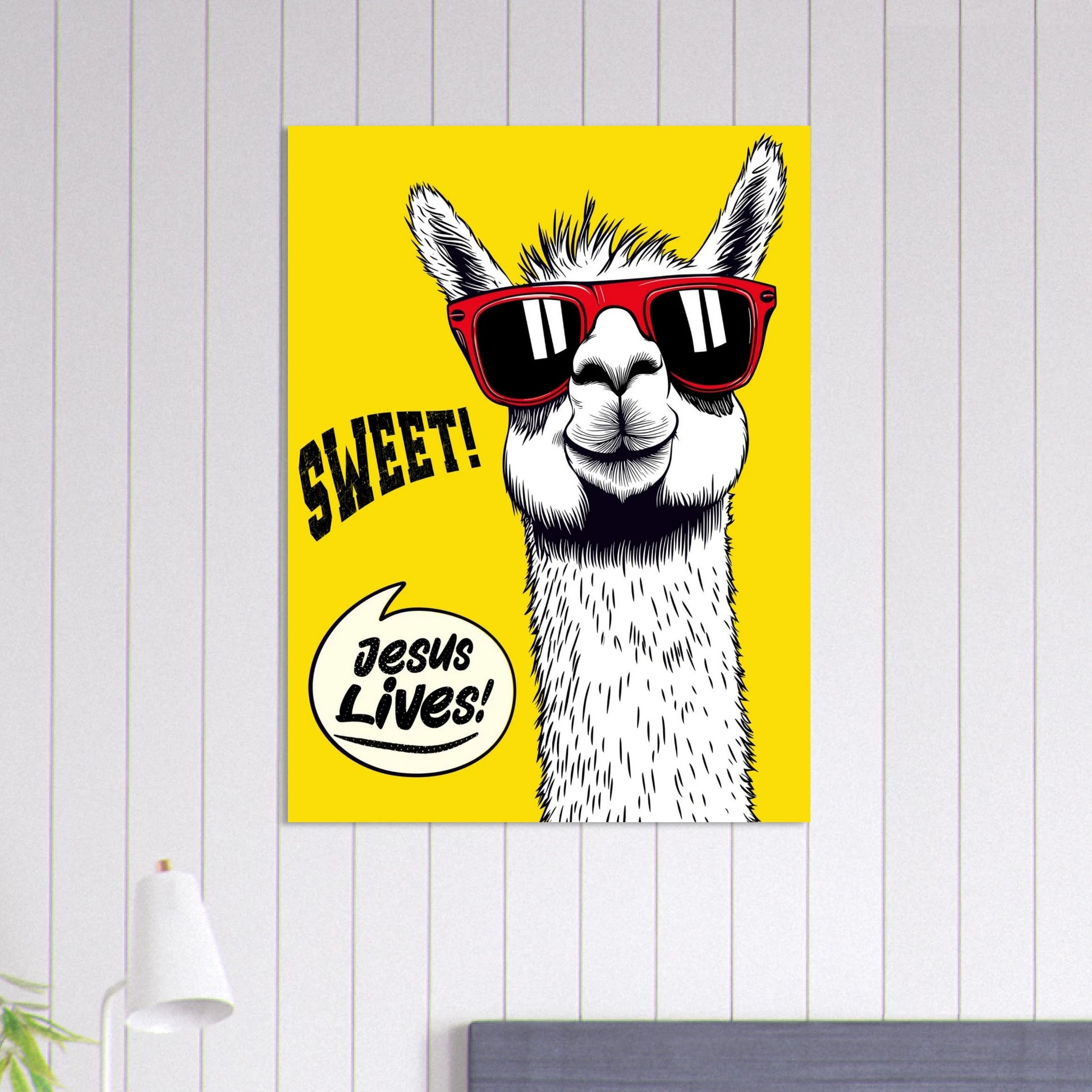Vibrant yellow llama Christian art print displayed in a styled interior mockup.