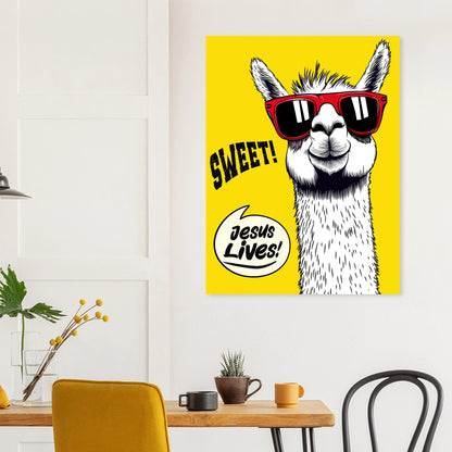 Llama ‘Jesus Lives’ poster displayed on a bright dining room wall.
