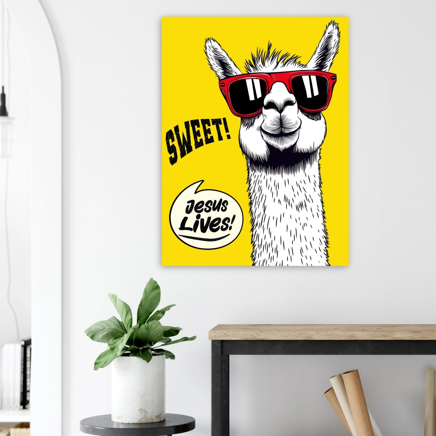 Llama inspirational poster featured in a Scandinavian-style room mockup.
