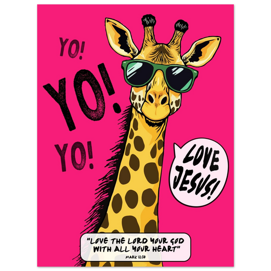 Love Jesus Giraffe Mark 12:30 Christian printable wall art featuring a playful giraffe and a joyful love Jesus message.
