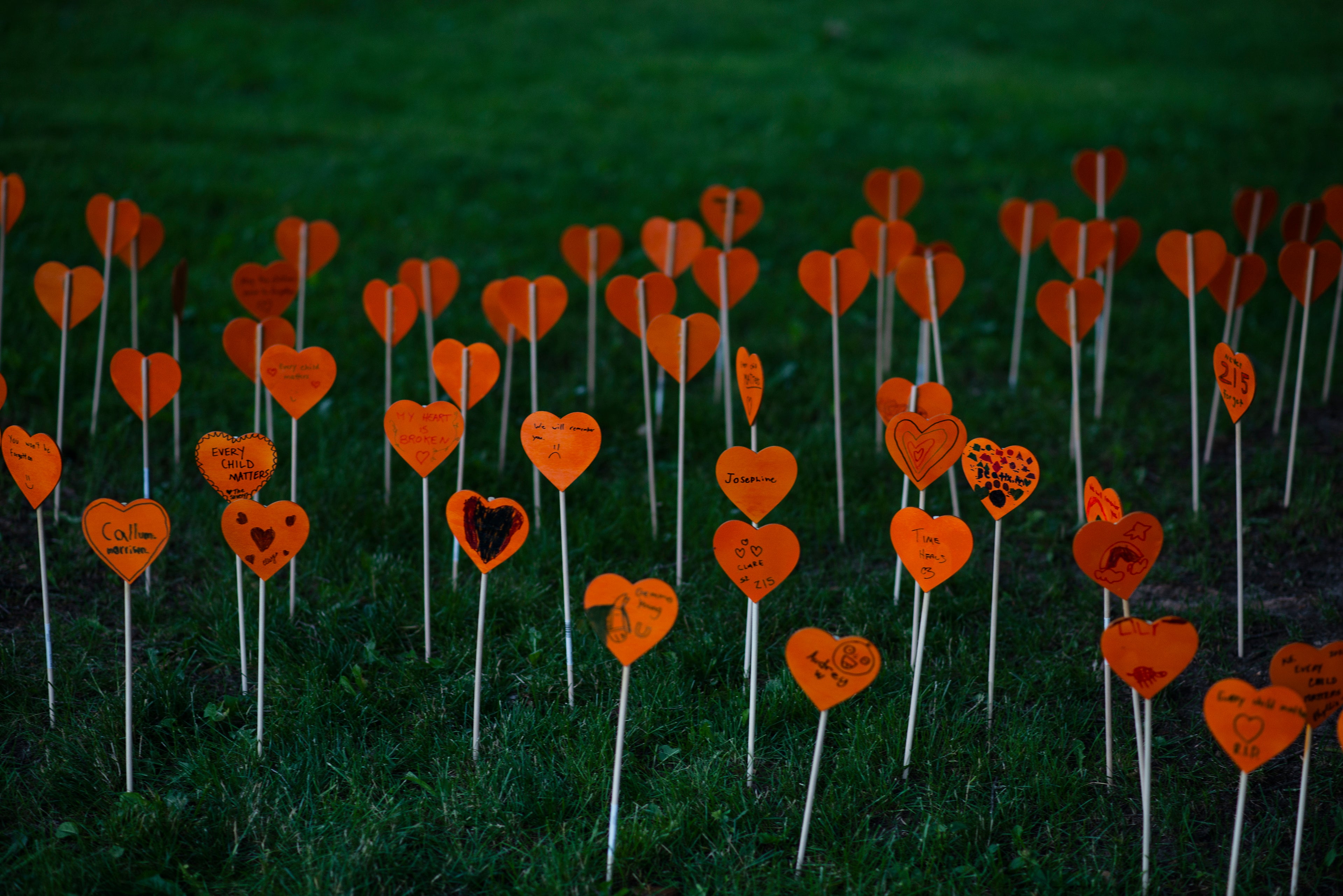 Rows of orange heart-shaped signs on sticks placed in the grass as a memorial display.