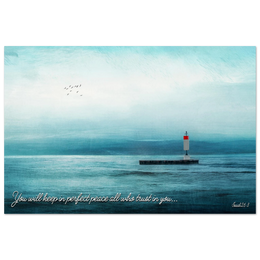 Perfect Peace Isaiah 26:3 Christian printable wall art featuring a peaceful ocean scene, lighthouse, birds, and Scripture about trusting God.