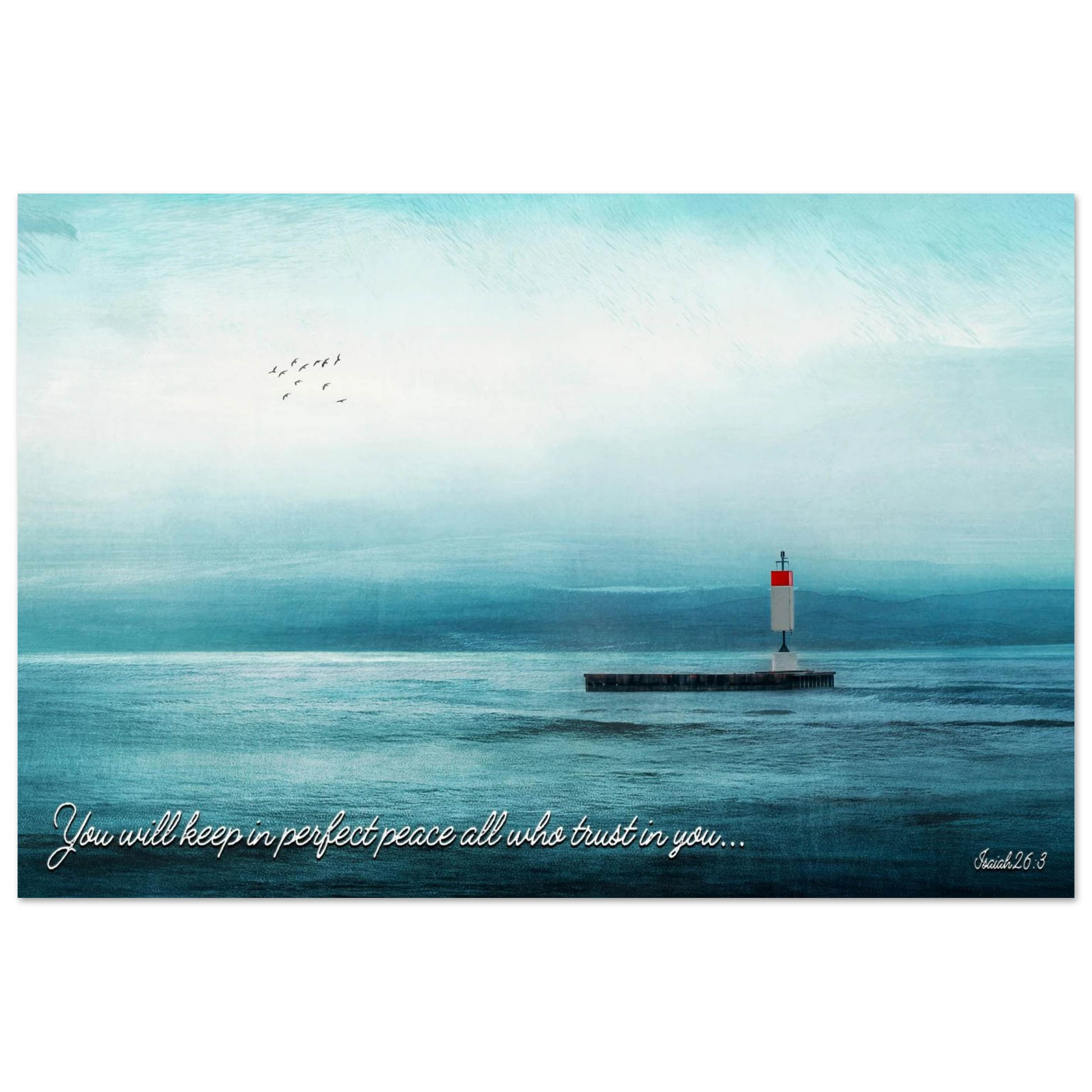 Perfect Peace Isaiah 26:3 Christian printable wall art featuring a peaceful ocean scene, lighthouse, birds, and Scripture about trusting God.