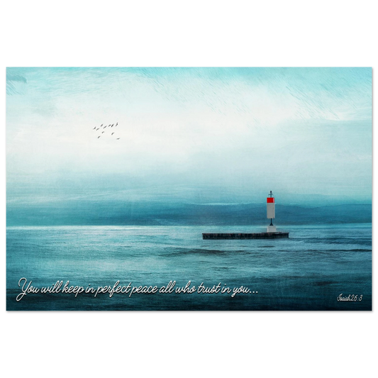 Perfect Peace Isaiah 26:3 Christian printable wall art featuring a peaceful ocean scene, lighthouse, birds, and Scripture about trusting God.