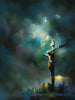 Jesus on the cross illuminated by divine light breaking through storm clouds, while people stand watching below.