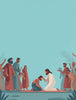 Jesus gently heals a kneeling man while people gather around, celebrating with palms in a peaceful, stylized illustration.