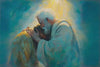 A richly colored, painterly scene depicting an emotional embrace between two figures. An older man with a white beard and flowing robes is tenderly holding and comforting a younger, darker-haired person, whose face is turned away. Brilliant white and golden light streams down from above, illuminating the figures against a background of turquoise and dark blue clouds, suggesting a moment of reunion, forgiveness, or spiritual comfort.