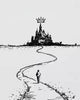 video of Simplified line drawing of a person walking towards a cityscape on a white background