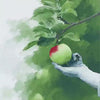 A hand reaches for a red-tinged apple on a tree, symbolizing temptation in a soft, painterly style.
