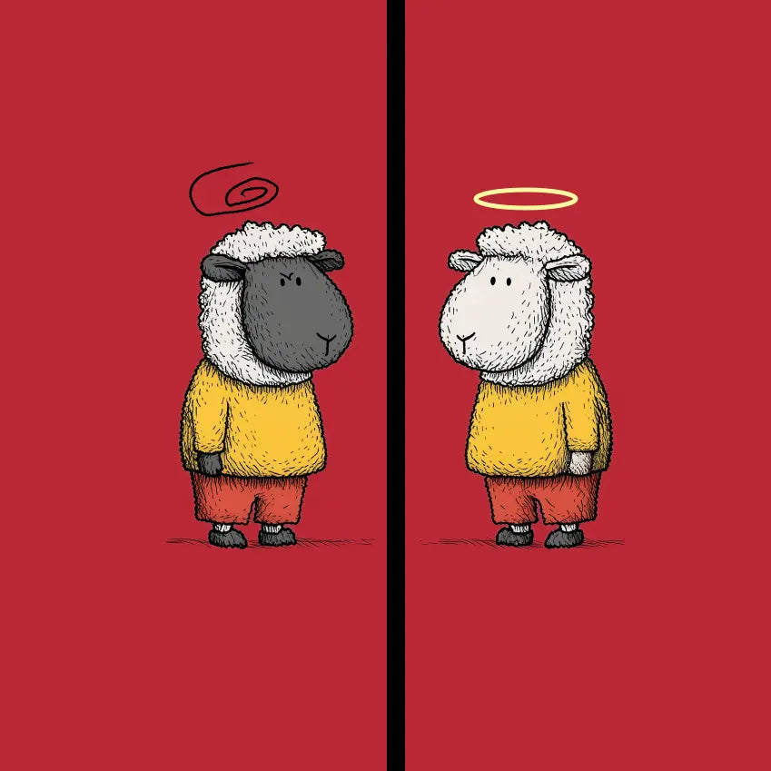 Two cartoon sheep, one black and one white, standing side by side on a red background.