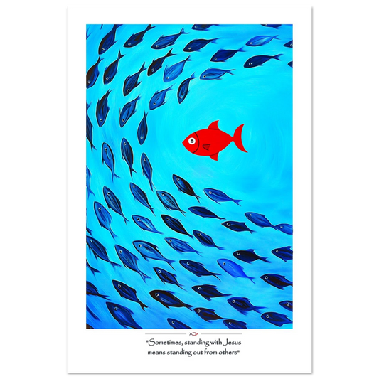 Stand Out with Jesus Christian printable wall art showing one red fish standing apart from blue fish as a symbol of bold faith and following Christ.