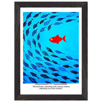 Framed Christian wall art featuring a red fish swimming in water with blue fish, and the text 'Sometimes standing with Jesus means standing out from others' as a quote.